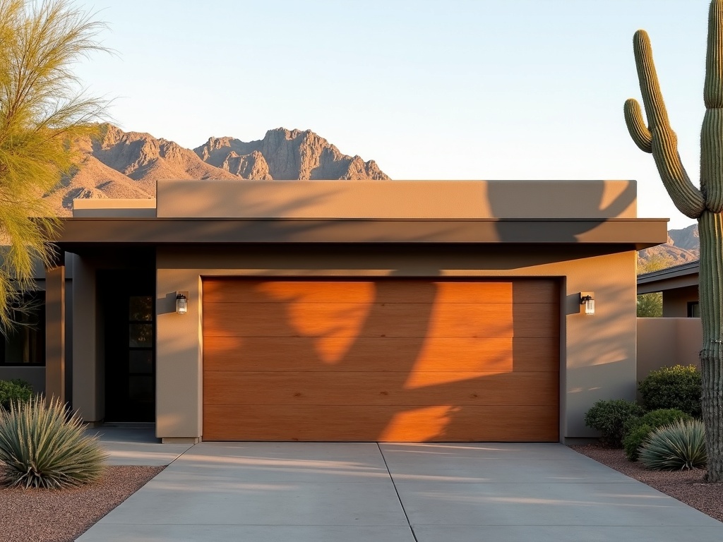 A garage door repair technician's completed work on a custom garage door at a luxury home near Clearwater Hills in Paradise Valley, AZ