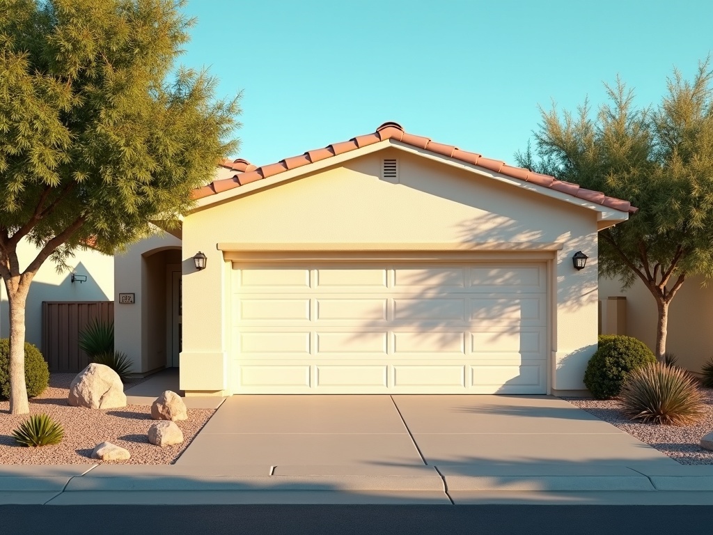 A freshly serviced garage door on a stucco ranch home in the Arcadia neighborhood of Phoenix, showcasing quality garage door repair phoenix workmanship