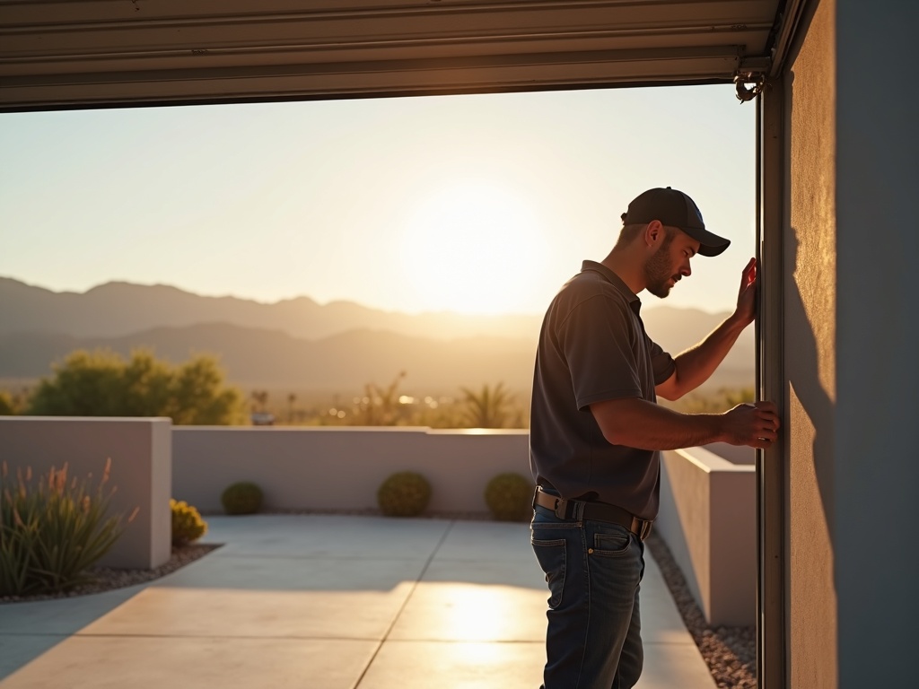 A technician completing a garage door repair phoenix service call on a Desert Ridge area home with North Mountain visible in the distance
