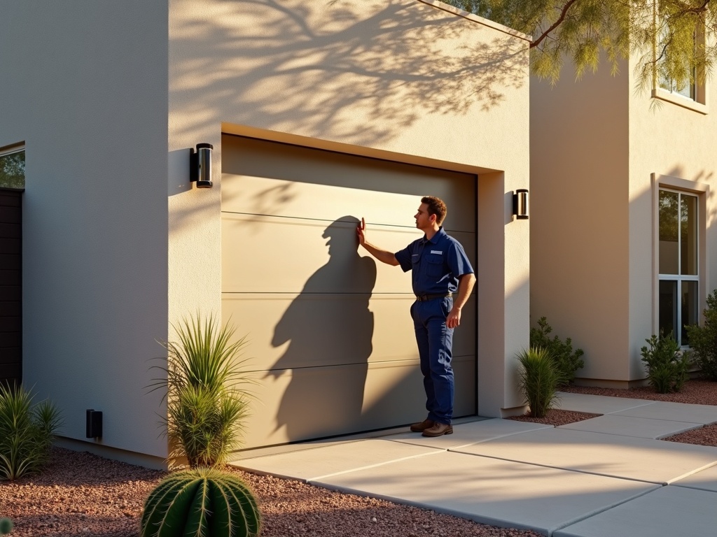 A technician in a blue uniform inspects a tan sectional garage door on a modern stucco home with desert landscaping.