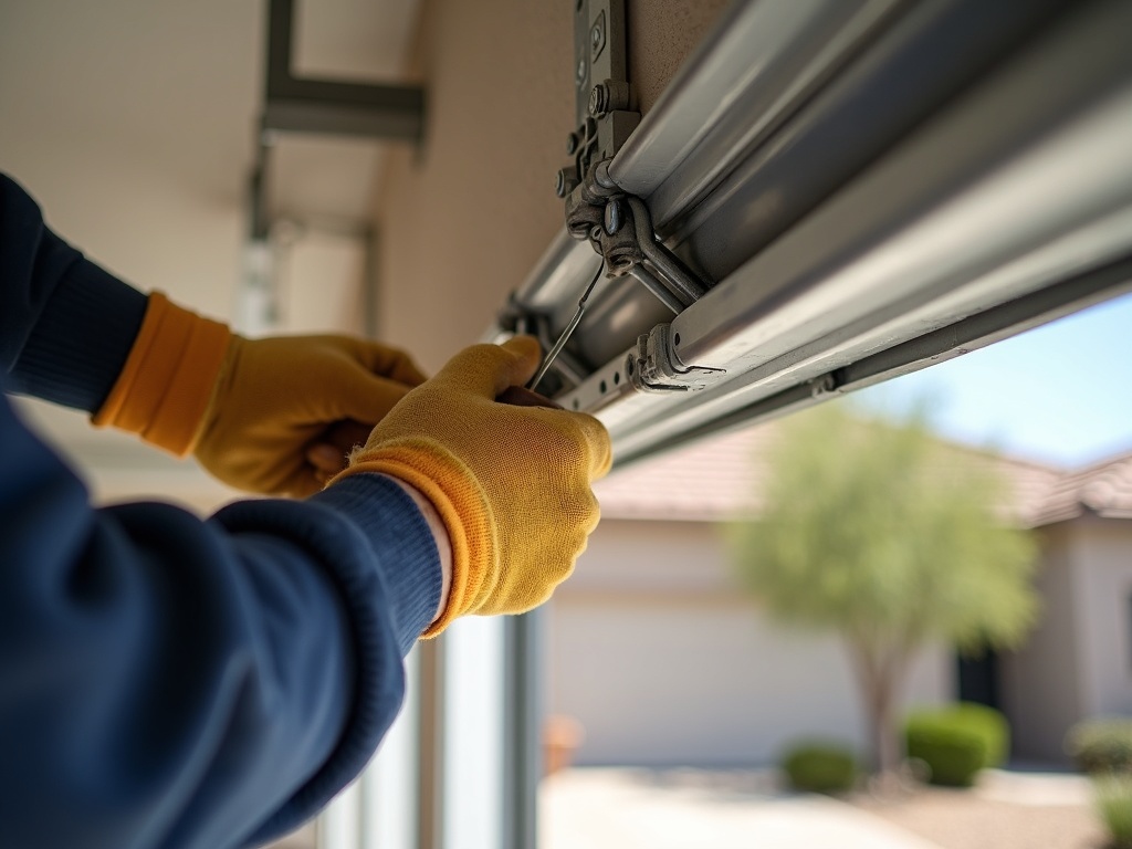 A professional garage door technician performing a garage door upgrade inspection on a modern steel door at a residential home in Avondale, Arizona.
