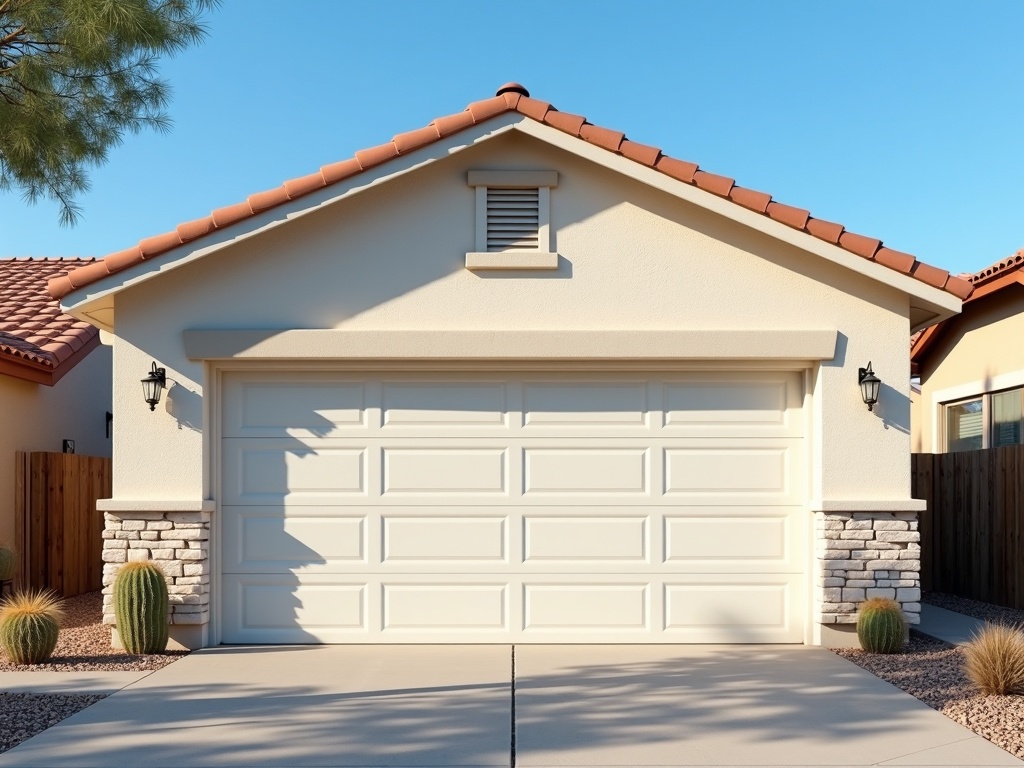 A professional garage door technician performing a garage door upgrade inspection on a modern steel door at a residential home in Avondale, Arizona.