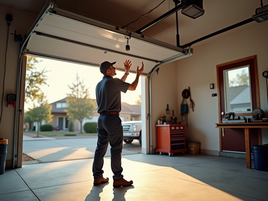 Garage Door Noise Problems Explained: What That Sound Is Costing You A technician stands inside a residential garage with his hands raised, inspecting an open garage door with an automatic opener mounted on the ceiling.