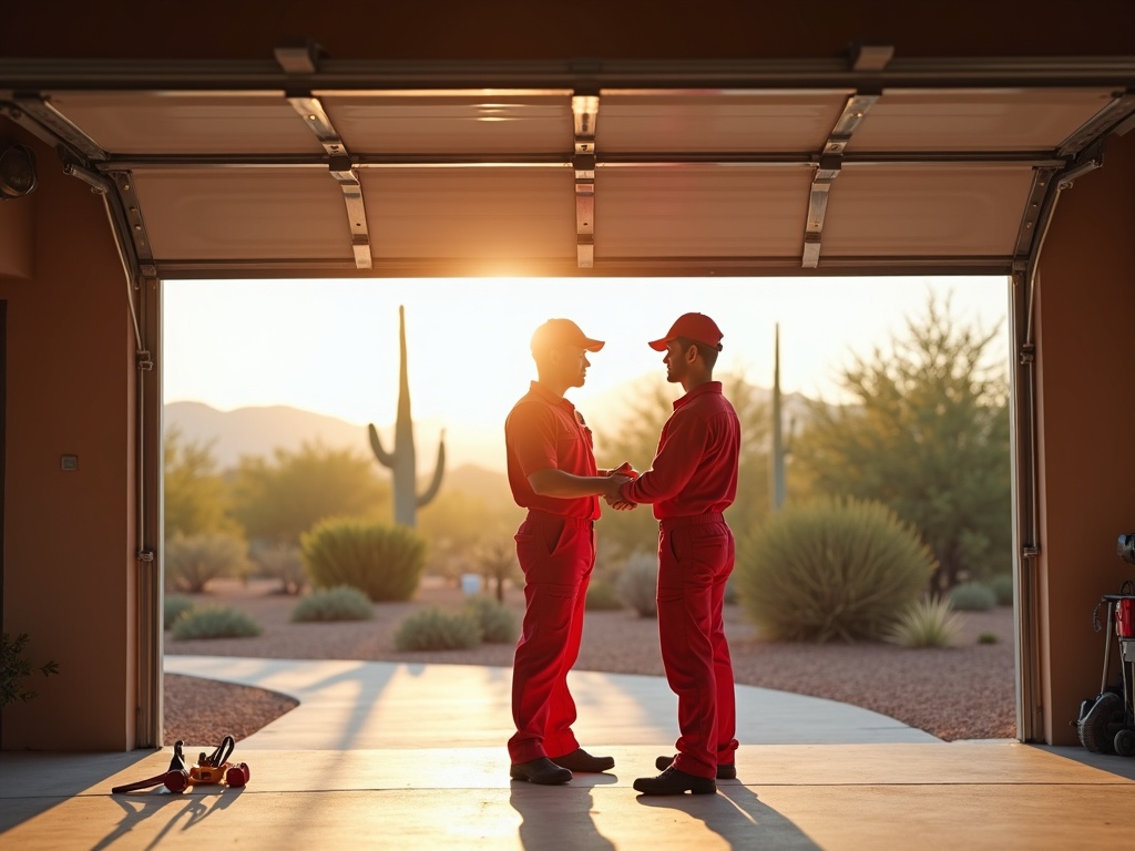 The Real Reason Your Garage Door Moves Unevenly — and How to Fix It Safely Two technicians in red uniforms shake hands inside an open garage door with a desert landscape and saguaro cacti visible in the golden sunset background.