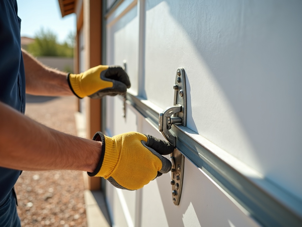 A technician performing garage door opener repair on a residential garage door in a sunny Arizona desert setting with saguaro cactus in the background.