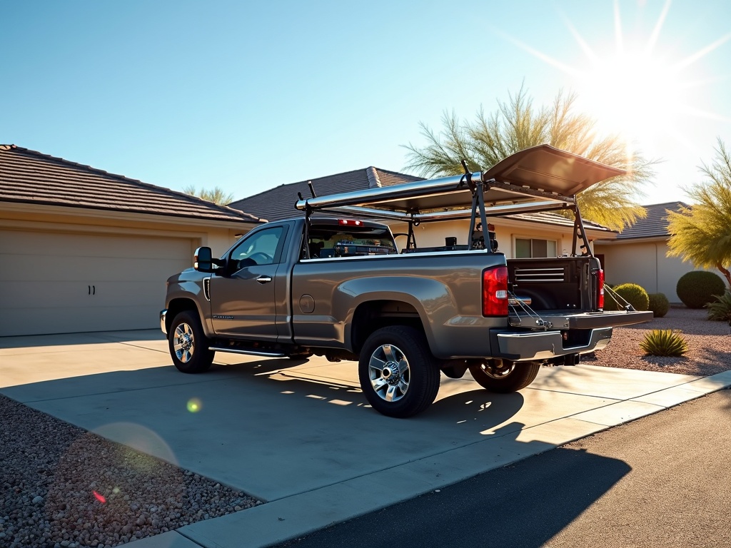 A technician performing garage door opener repair on a residential garage door in a sunny Arizona desert setting with saguaro cactus in the background.