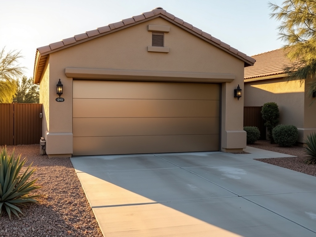 Garage Door Upgrades: What's Actually Worth It (According to Experts) A tan sectional garage door on a beige stucco single-car garage with a concrete driveway surrounded by desert landscaping.