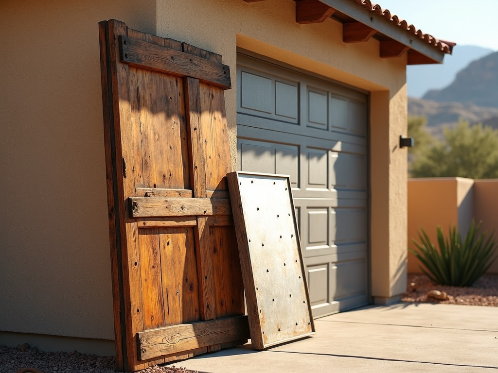 A newly installed modern insulated garage door on a stucco home in Avondale, AZ, showcasing professional garage door service with desert landscaping in the foreground