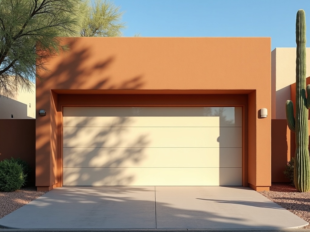 How Weather Impacts Garage Doors — and Why It Matters More Than You Think A cream-colored raised-panel garage door installed on a terracotta stucco home with desert landscaping including cacti and gravel.