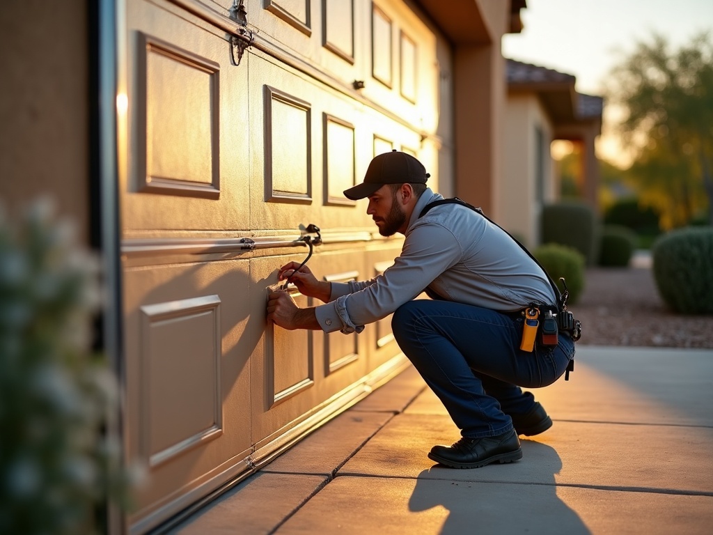 A male technician wearing a tool belt crouches down to inspect or repair the lower panel of a wooden residential garage door at golden hour.