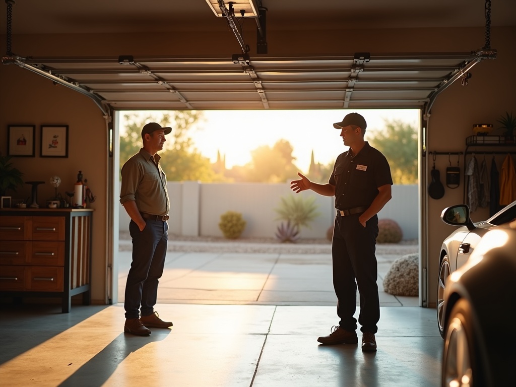 What Most Homeowners Miss About Their Garage Door Before It Fails Completely A garage door technician performing same day garage door repair on a torsion spring above a residential steel panel door in a sunny Arizona neighborhood.