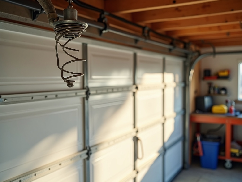 A close-up view of a coiled torsion spring mounted above a white sectional garage door inside a residential garage with a workbench visible in the background.
