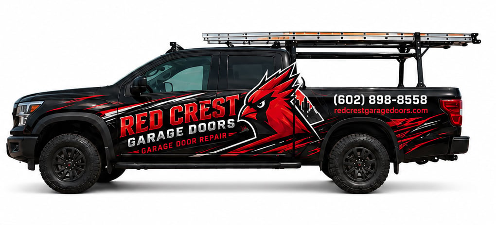 A black and red branded pickup truck with a roof rack displaying the Red Crest Garage Doors logo, phone number, and a horse graphic on the door panel.