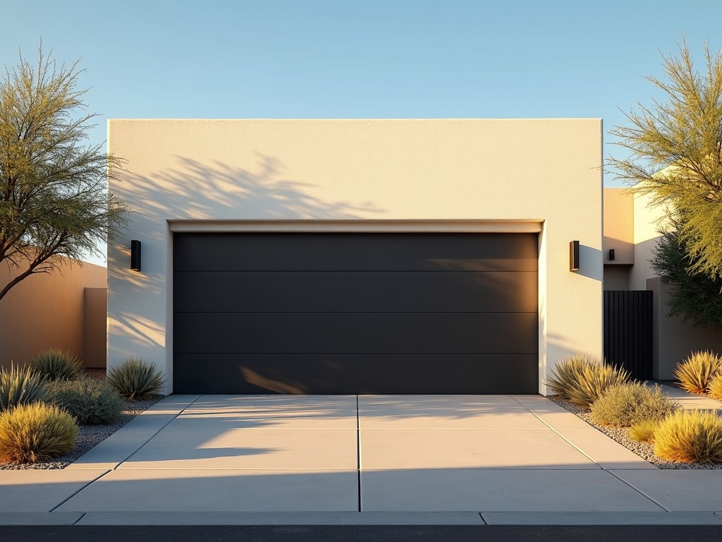 A sleek dark brown sectional garage door on a contemporary beige stucco home surrounded by desert landscaping under a clear blue sky.