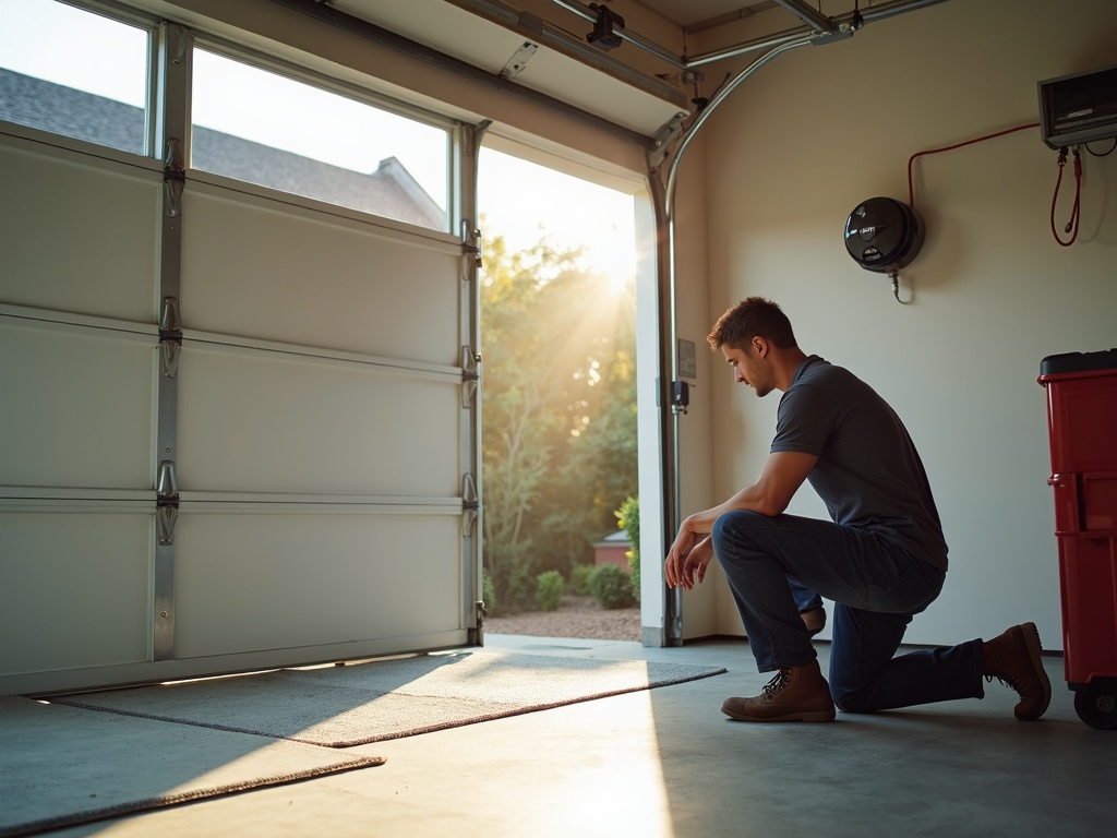 A technician performing an Aladdin Connect garage door repair by inspecting the smart sensor hub mounted inside a residential garage