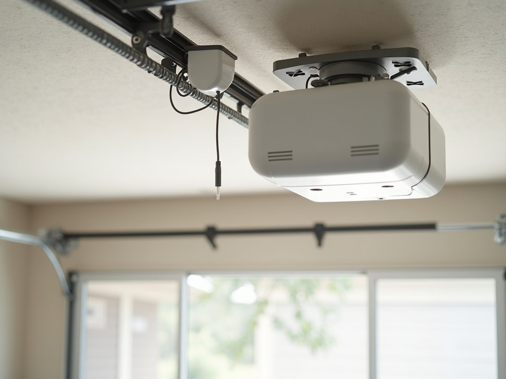 A smart hub device attached to a residential garage door opener rail as part of an Aladdin Connect garage door repair and setup service