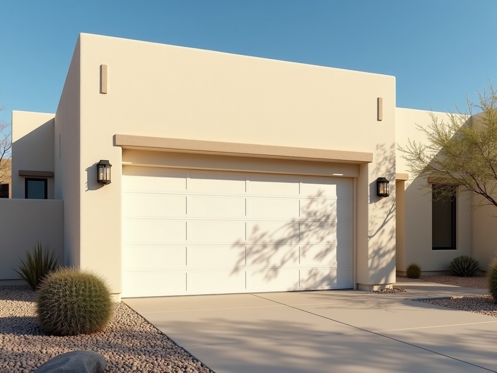 A clean white two-car garage door on a tan stucco southwestern-style home surrounded by desert landscaping including cactus and gravel.