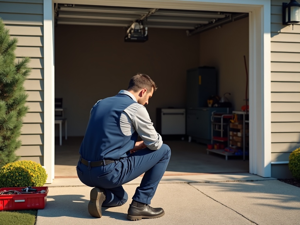 A technician in a blue uniform crouches at the base of an open residential garage door, inspecting the lower track with a tool bag nearby on the driveway.