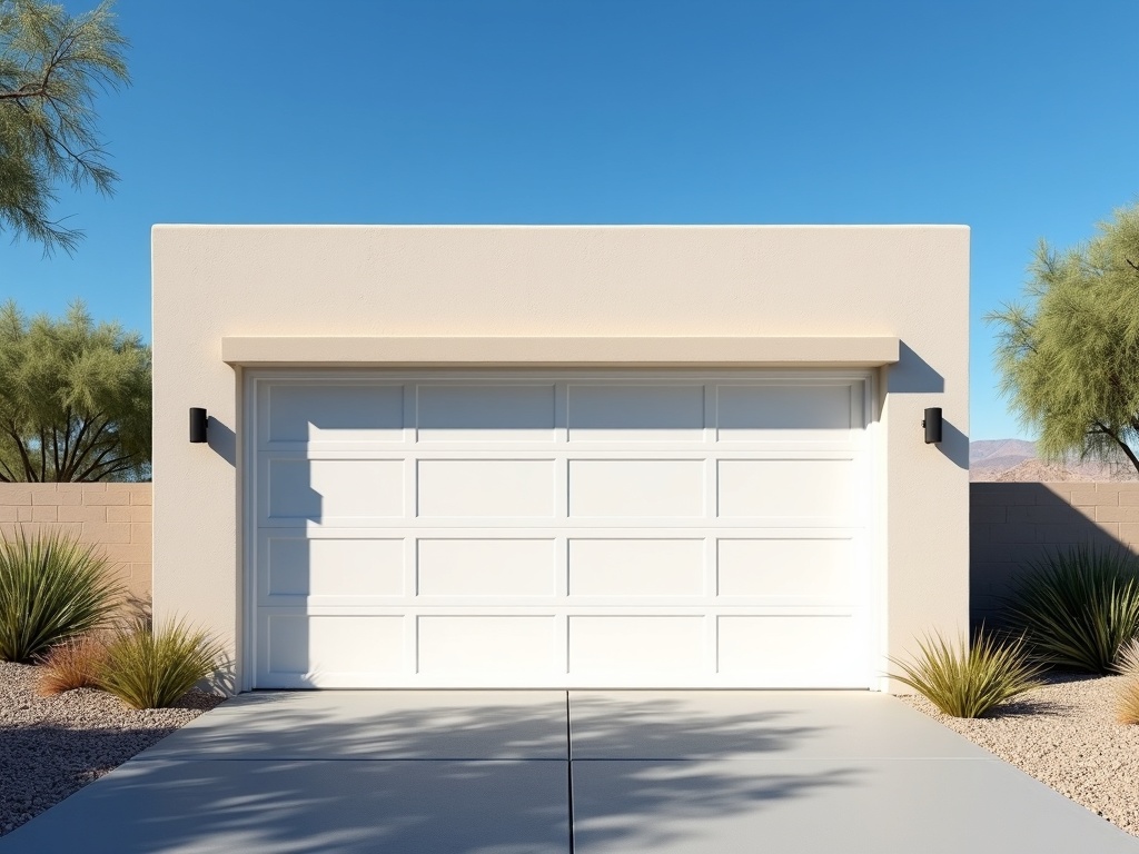 Genie Garage Door Repair A clean white raised-panel garage door installed on a beige stucco residential garage with desert landscaping and a clear blue sky in the background.