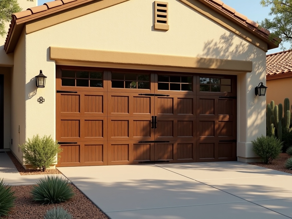 A wide brown wood-grain panel garage door with glass top windows installed on a tan stucco residential home surrounded by desert landscaping.