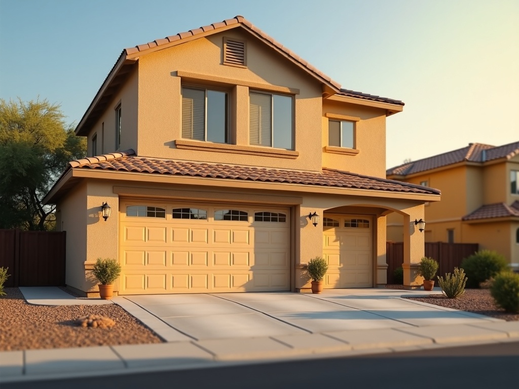 Amarr Garage Door Repair A two-story stucco home with tan double garage doors and a terra cotta tile roof in a sunny desert neighborhood.