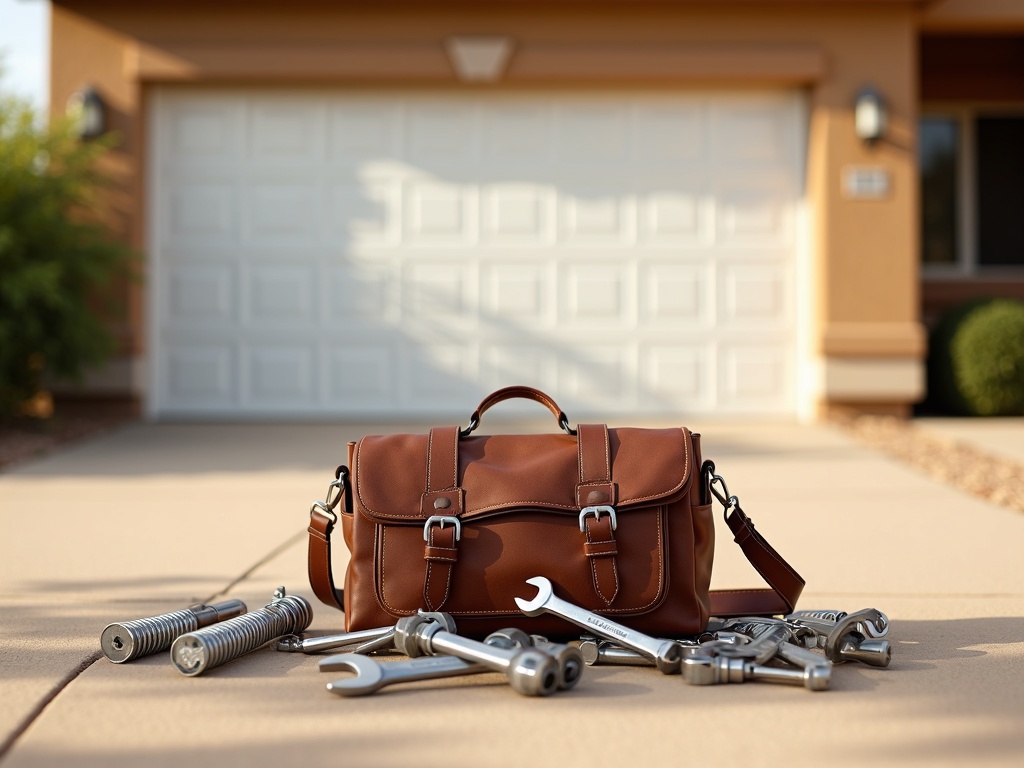 Close-up of professional tools and hardware laid out beside a CHI overhead garage door repair job in progress on an Arizona residential driveway