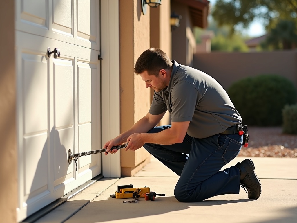 Guardian Garage Door Repair A male technician kneeling on a driveway and using a tool to repair the bottom section of a white residential garage door.