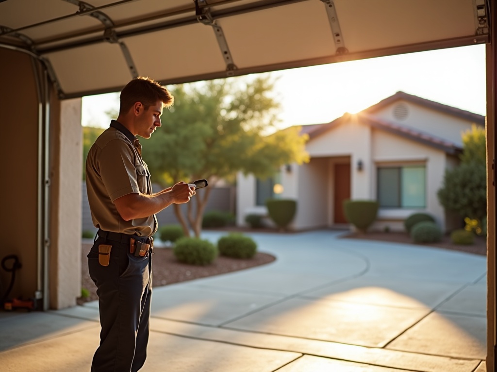Martin Garage Door Repair A garage door technician in a work uniform stands inside an open garage holding a remote control while inspecting the door mechanism at a residential home during golden hour.