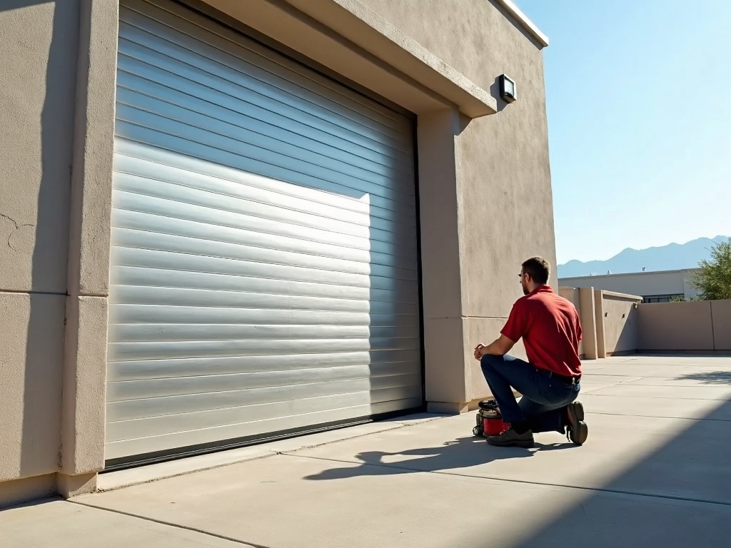 North Shore Commercial Garage Door Repair A technician in a red shirt kneels on a wheeled creeper while inspecting a large metal roll-up garage door on the exterior of a commercial building.