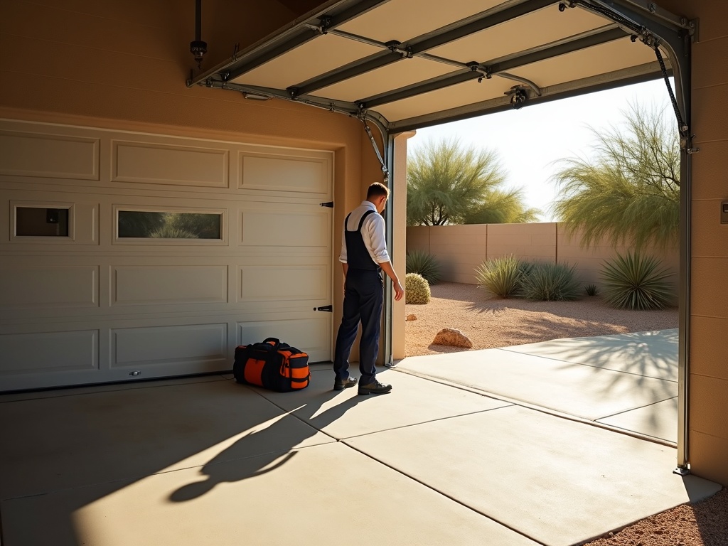 A garage door technician in overalls stands inside a residential garage inspecting an open white sectional garage door, with a red tool bag on the floor and a desert landscaped driveway visible outside.