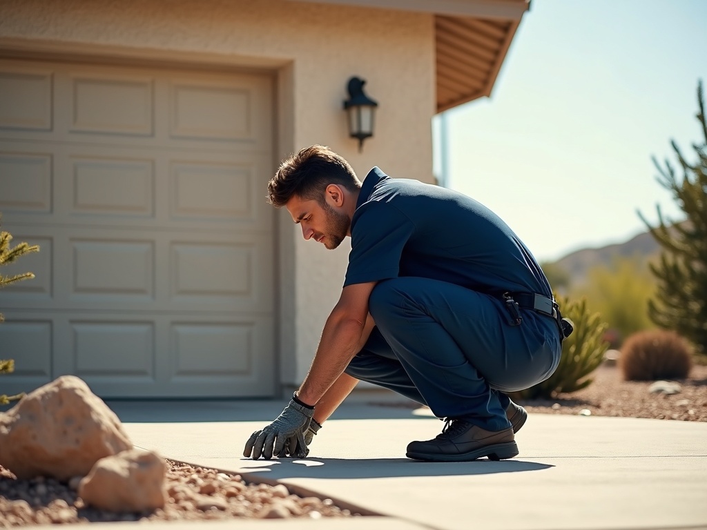 Xtreme Garage Door Repair A male technician in a navy uniform crouches down to inspect the base of a residential driveway near a beige garage door in a desert landscape setting.