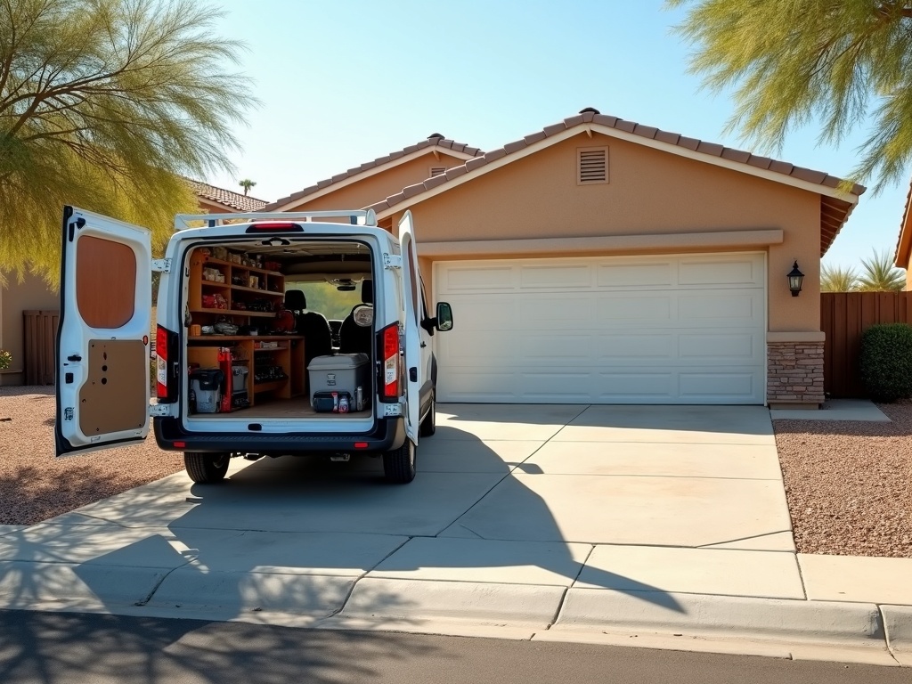 Linear Garage Door Repair A white service van with open rear doors and tools inside is parked in the driveway of a tan stucco home with a two-car garage door in a desert landscape.