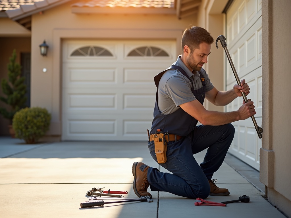 A male technician in work overalls kneels on a driveway beside a white garage door, using a tool to adjust or repair the door track with various hand tools laid out beside him.