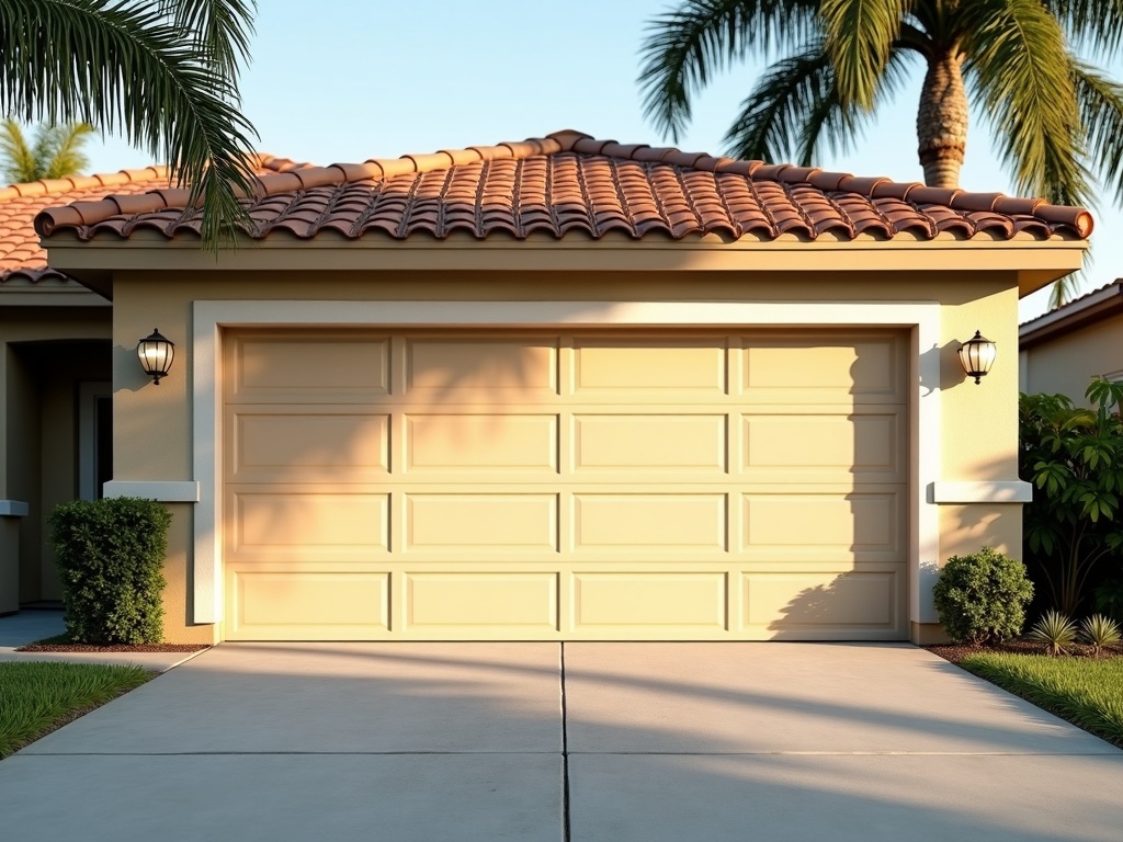 Overhead Garage Door Repair A wide beige raised-panel double garage door on a tan stucco home with a red clay tile roof, palm trees, and a concrete driveway in a sunny Florida neighborhood.