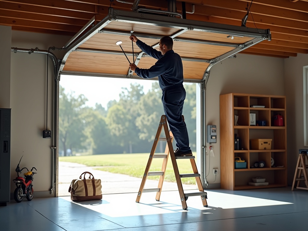 A skilled technician performing a craftsman garage door repair by closely inspecting the torsion spring and cable system for wear and tension issues.