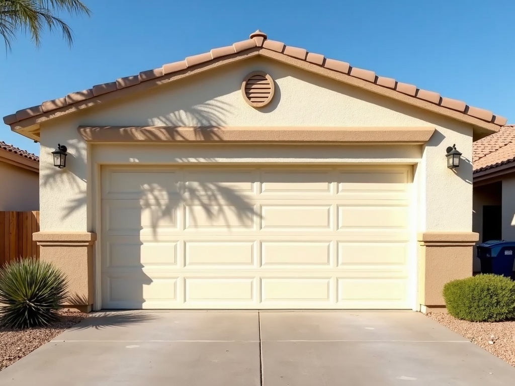 A wide cream-colored raised-panel double garage door on a tan stucco single-story home with a tile roof in a sunny desert neighborhood.