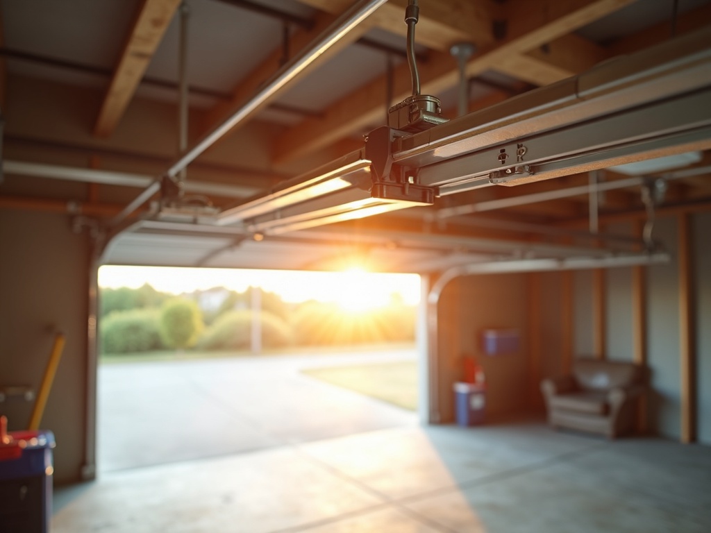Interior garage view highlighting the track and roller components of a CHI overhead garage door repair with properly aligned hardware and clean steel rails