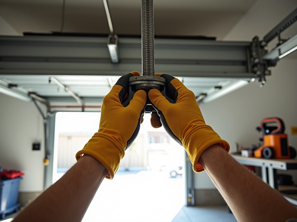 Martin Garage Door Repair A technician replacing a torsion spring during a Martin garage door repair service call in a residential garage.