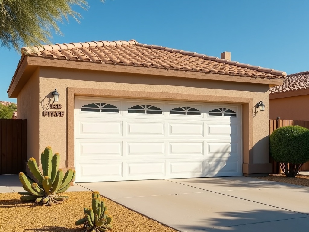 A white double-panel garage door on a tan stucco home with a terracotta tile roof, surrounded by desert landscaping including cactus plants.