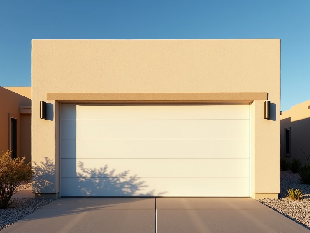 A clean white sectional garage door on a contemporary beige stucco home surrounded by desert landscaping under a clear blue sky.