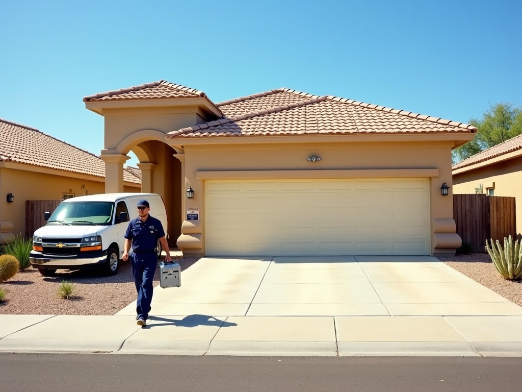 A uniformed garage door technician carrying a toolbox walks down the driveway toward a beige stucco home with a white garage door, with a service van parked nearby.