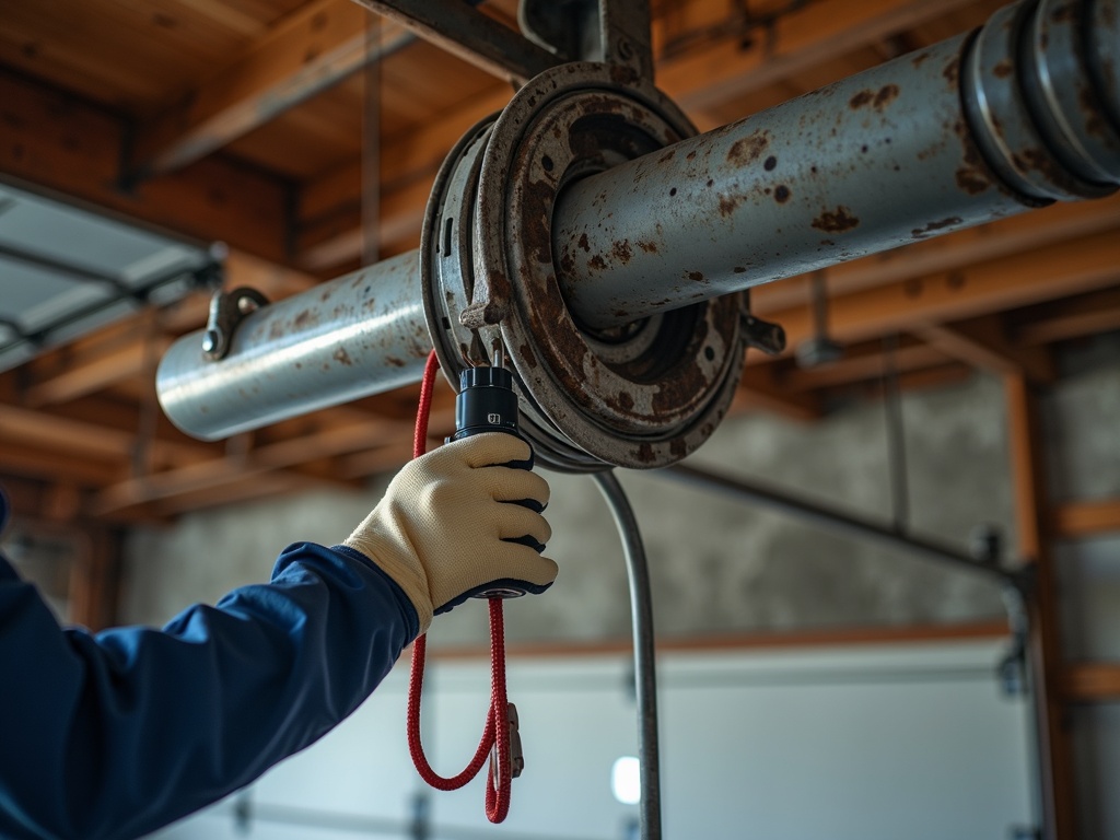 Linear Garage Door Repair A technician closely inspecting the torsion spring and cable drum during a Linear garage door repair service call in <span class="av_sa_city">Scottsdale</span> <span class="av_sa_state">AZ</span>