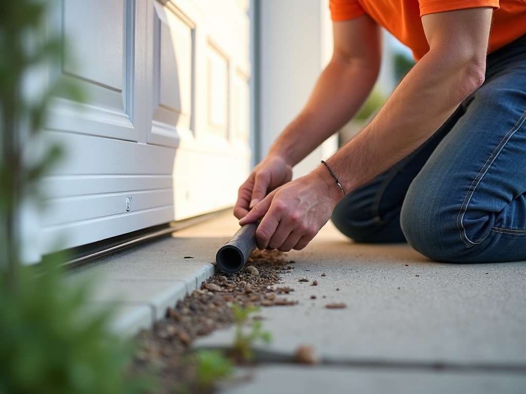 A technician replacing the bottom seal during a garage door repair service at a suburban Arizona home.