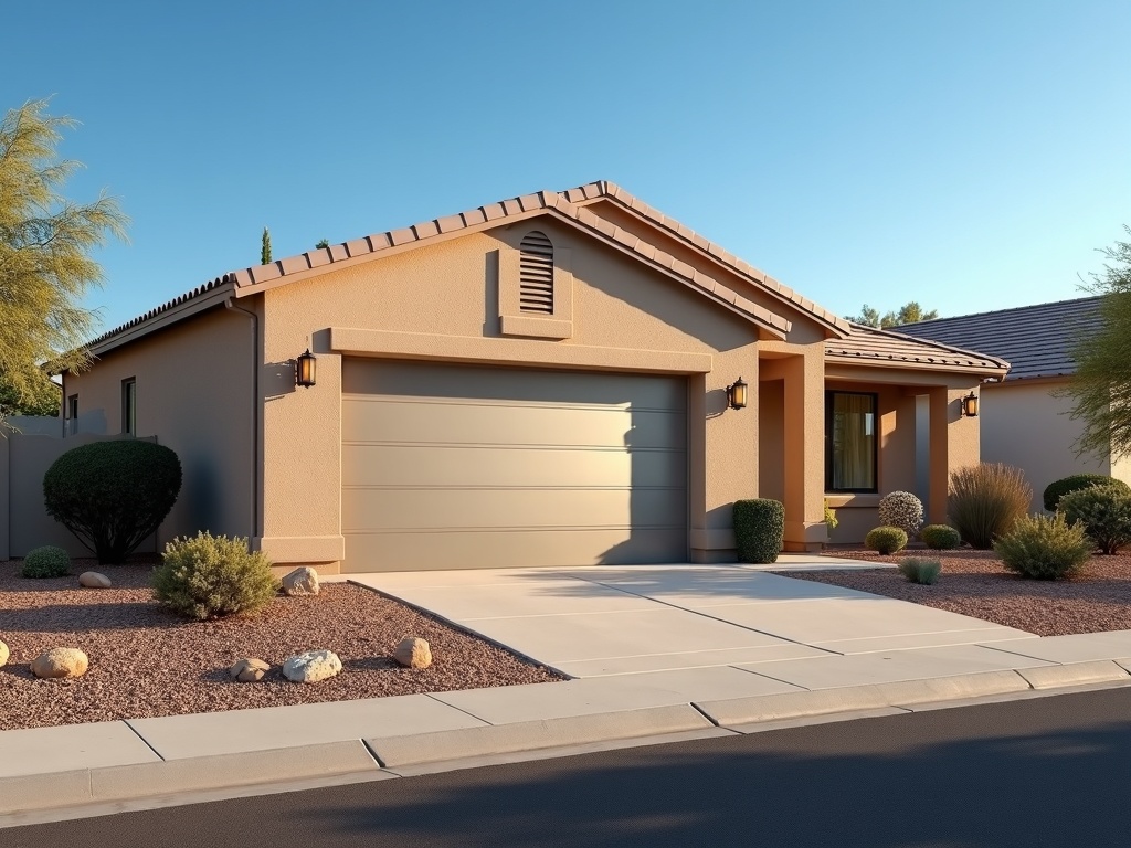 A single-story tan stucco home with a matching large garage door, xeriscaped front yard with gravel and desert shrubs, under a clear blue sky.