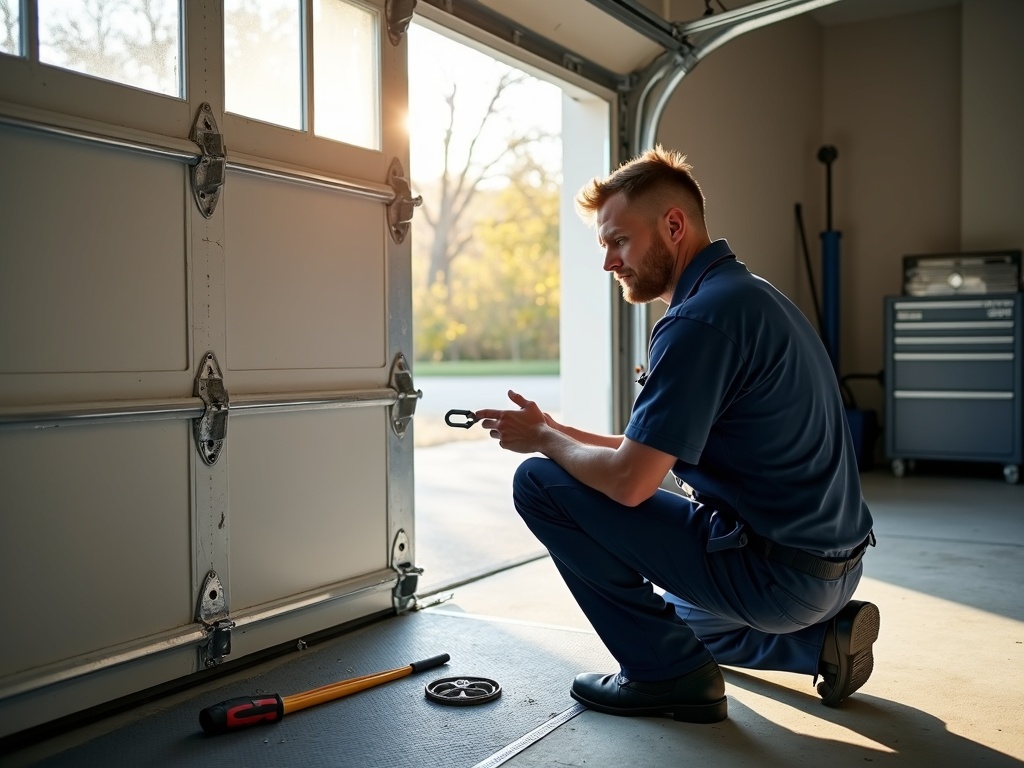 A technician performing a Raynor garage door repair by inspecting and replacing the torsion spring system inside a clean residential garage