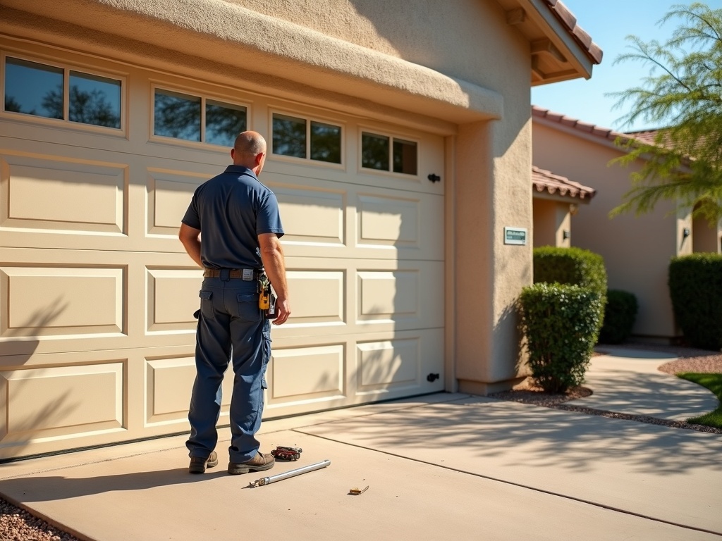 Skylink Garage Door Repair A garage door technician in blue work clothes stands on a driveway inspecting a beige two-car garage door on a sunny suburban home.