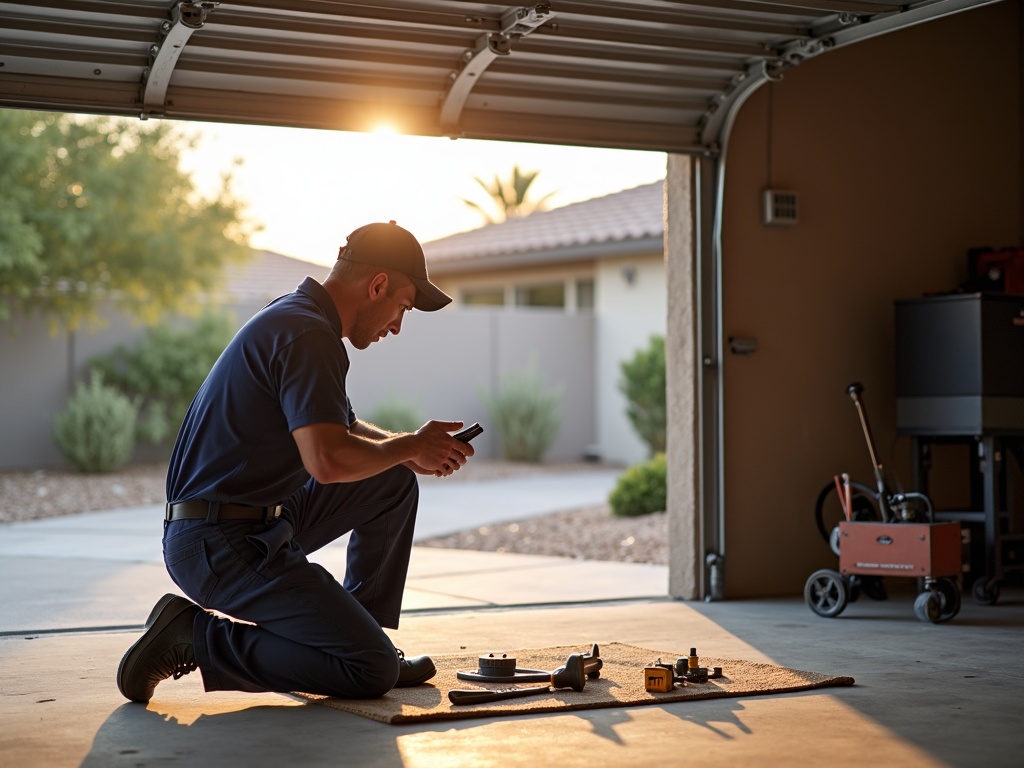 Amarr Garage Door Repair A skilled technician performing Amarr garage door repair by inspecting the torsion spring and cable drum on a home garage in the Phoenix metro area