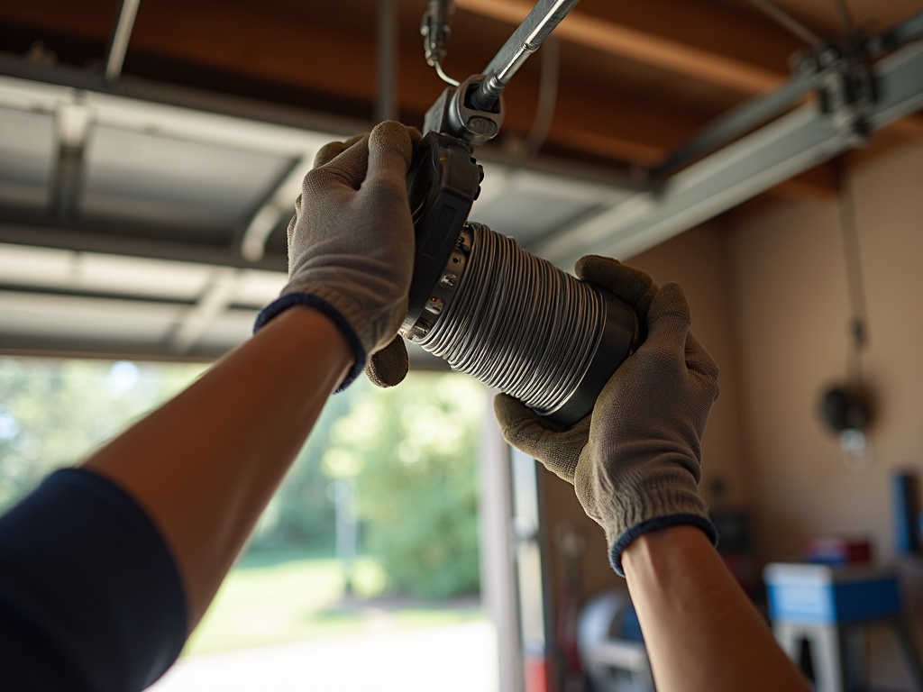 A technician closely inspecting a torsion spring and cable assembly during a National Hardware Garage Door Repair service visit at a home in Scottsdale