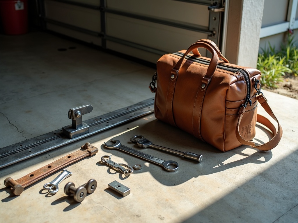 Tools and components for Sommer garage door repair organized neatly on the floor of a clean residential garage in Arizona