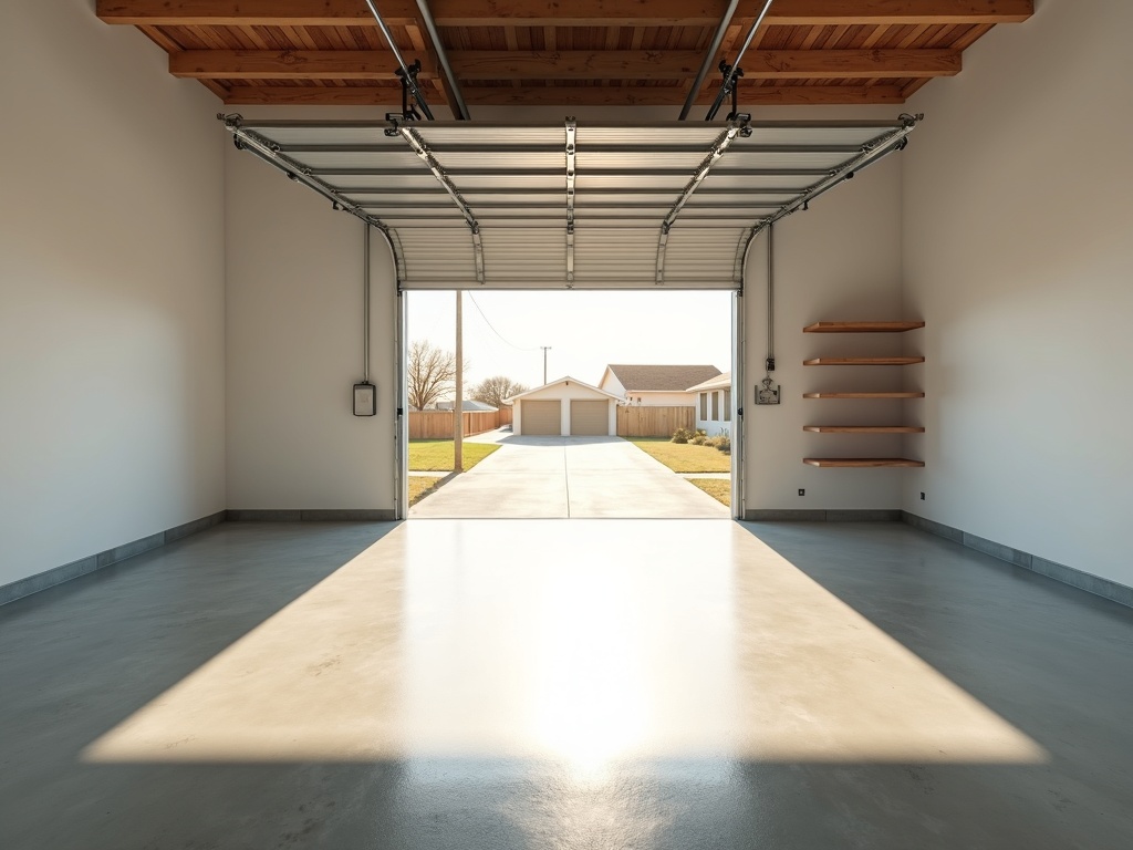 Overhead Garage Door Repair Interior view of a two-car garage with a properly serviced overhead garage door repair completed, door fully open and operating smoothly in a Scottsdale-area home